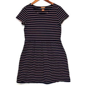 Joe Fresh Medium Striped Short Sleeve Jersey Navy Blue Mini Dress Pockets Casual
